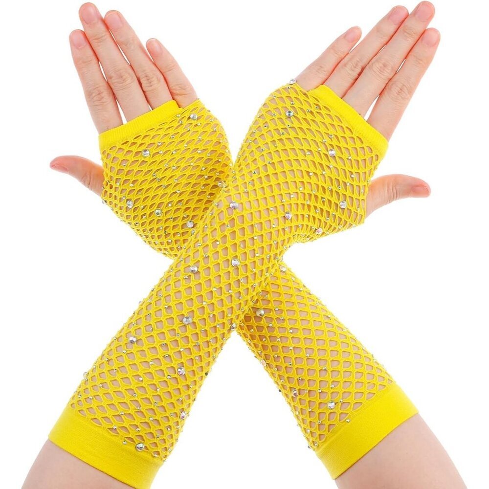 Women's Rhinestone Yellow Sparkly Halloween Cosplay Fingerless Long Gloves